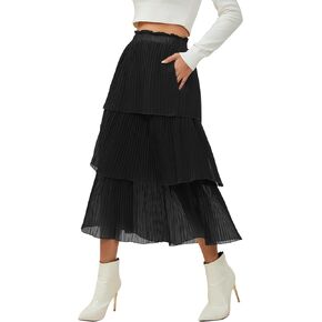 SENFURE Women's Elastic Waist - Chiffon Pleated A-Line Flowy Maxi Skirt