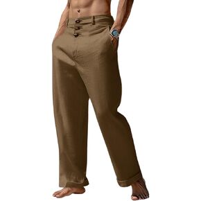 Runcati Mens Cotton Linen Pants Elastic Waist Casual Lightweight Loose Fit Beach Yoga Pants