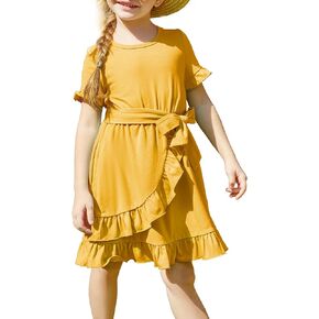 PATPAT Girls Ruffle Trim Short Sleeve Casual Plain Print Tie Waist Swing Dress with Pocket 3-12 Years
