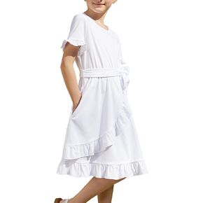PATPAT Girls Ruffle Trim Short Sleeve Casual Plain Print Tie Waist Swing Dress with Pocket 3-12 Years