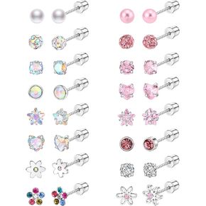16 Pairs Hypoallergenic Screwback Earrings Surgical Stainless Steel Stud Earrings for Women Flat Back Earrings with Screw Back