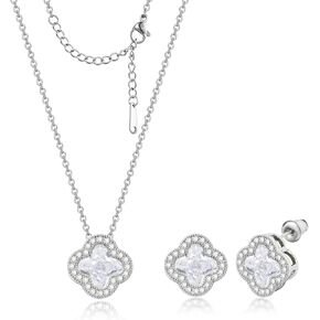 Jorsnovs Four Leaf Clover Necklace Stud Earrings Set Platinum Plated Cubic Zirconia Jewelry Sets Valentines Day Anniversary Birthday Gifts for Women Wife Mom Girlfriend