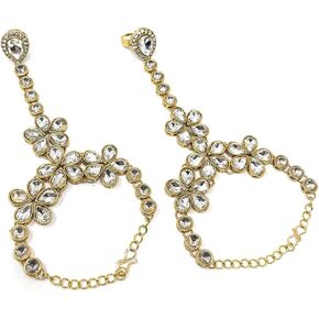 Bridal Ethnic Indian Pakistani Gold Plated Hand Ornament with 1 and 5 Adjustable Rings in Zircon and Kundan For Wedding Party in Kuwait