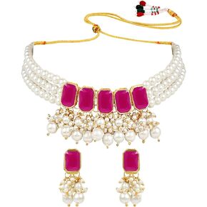 I Jewels 18K Gold Plated Indian Wedding Bollywood Stone studed Pearl Choker Necklace Jewellery Set with Earrings for Women & Girls (IJ355)