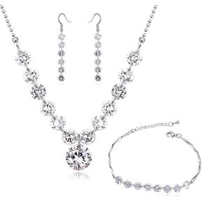 Crystalline Azuria Wedding Set White Zirconia Crystals Strand Necklace Dangle Earrings Bracelet 18K White Gold Plated for Women