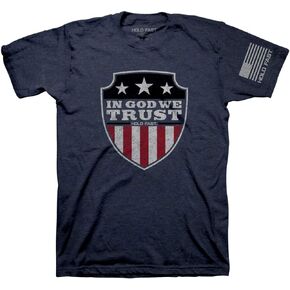 in God We Trust Shield Heather Denim Blue Cotton Crew Neck T-Shirt, Small