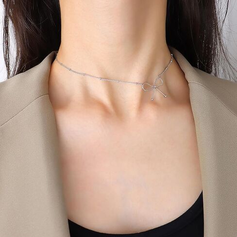 yfstyle Titanium Stainless Steel Bow Necklace Bowknot Chain Necklace 18k Gold Plated Bow Choker Necklace Bowknot Clavicle Chain for Women Girls Mother’s Day Valentine’s Day Gifts in Saudi Arabia