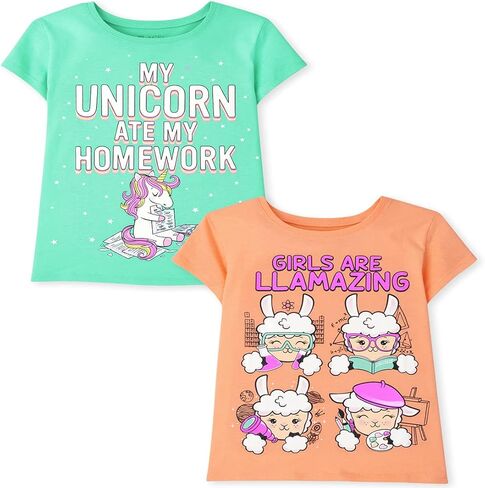 تي شيرت برسومات بأكمام قصيرة مطبوع عليه عبارة "My Unicorn Ate My Homework" و"Girls are Llamazing" من The Children's Place - عبوة من قطعتين in Saudi Arabia