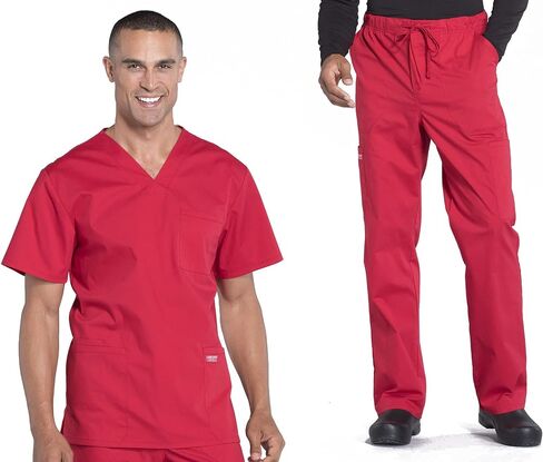 Men Scrubs Set Workwear Professionals WW695 V-Neck Top & WW190 Tapered Leg Fly Front Cargo Pant, Red- XL Top/XL Pant in Saudi Arabia