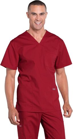 Men Scrubs Set Workwear Professionals WW695 V-Neck Top & WW190 Tapered Leg Fly Front Cargo Pant, Red- XL Top/XL Pant in Saudi Arabia