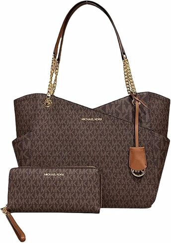 Michael Kors Jet Set Travel Large Chain Shoulder Tote Brown MK Signature Logo Bundled Jet Set Travel Continental Wristlet Brown Signature MK (Brown) in Saudi Arabia