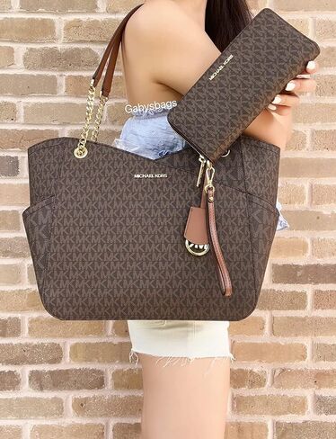 Michael Kors Jet Set Travel Large Chain Shoulder Tote Brown MK Signature Logo Bundled Jet Set Travel Continental Wristlet Brown Signature MK (Brown) in Saudi Arabia