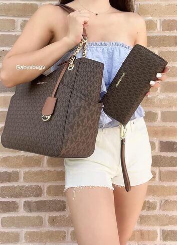 Michael Kors Jet Set Travel Large Chain Shoulder Tote Brown MK Signature Logo Bundled Jet Set Travel Continental Wristlet Brown Signature MK (Brown) in Saudi Arabia