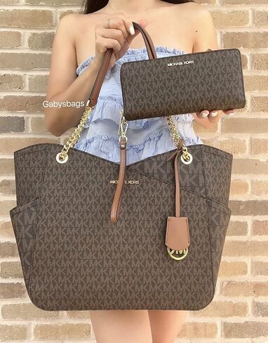 Michael Kors Jet Set Travel Large Chain Shoulder Tote Brown MK Signature Logo Bundled Jet Set Travel Continental Wristlet Brown Signature MK (Brown) in Saudi Arabia