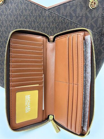 Michael Kors Jet Set Travel Large Chain Shoulder Tote Brown MK Signature Logo Bundled Jet Set Travel Continental Wristlet Brown Signature MK (Brown) in Saudi Arabia