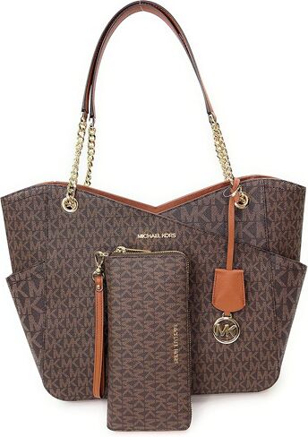 Michael Kors Jet Set Travel Large Chain Shoulder Tote Brown MK Signature Logo Bundled Jet Set Travel Continental Wristlet Brown Signature MK (Brown) in Saudi Arabia