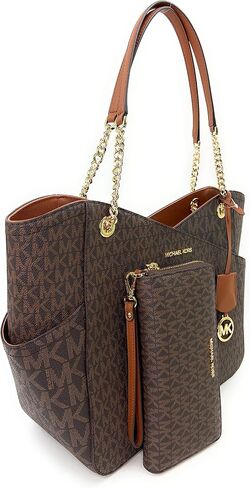 Michael Kors Jet Set Travel Large Chain Shoulder Tote Brown MK Signature Logo Bundled Jet Set Travel Continental Wristlet Brown Signature MK (Brown) in Saudi Arabia