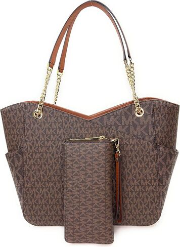 Michael Kors Jet Set Travel Large Chain Shoulder Tote Brown MK Signature Logo Bundled Jet Set Travel Continental Wristlet Brown Signature MK (Brown) in Saudi Arabia