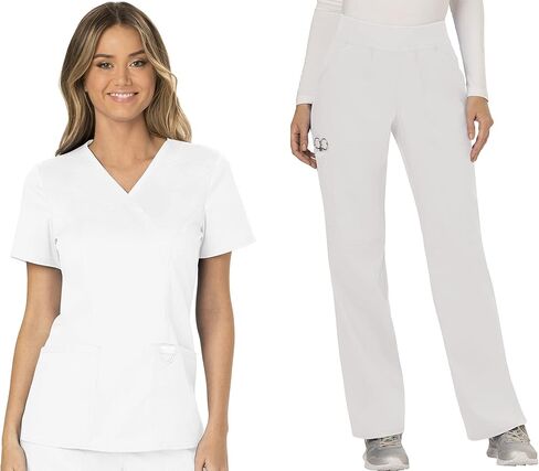Cherokee Women Scrubs Set Workwear Revolution WW610 Mock Wrap Top & WW110 Mid Rise Straight Leg Pull-on Pant, White- 2XL Top / 2XL Pant in Saudi Arabia