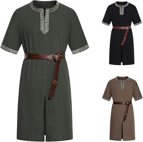 قميص LMYOVE Viking للرجال بأكمام قصيرة من العصور الوسطى فارس تونيك كبير الحجم زي عصر النهضة Faire in Kuwait