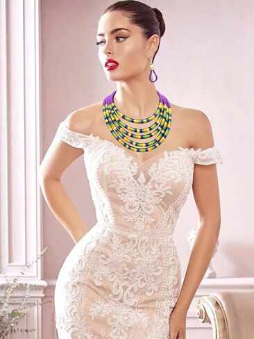 deladola الأفريقية قلادة طوق الأقراط مجموعة القبلية الطبقات المختنق متعدد الطبقات القلائد مكتنزة بيان مجوهرات اكسسوارات للنساء والفتيات in Kuwait