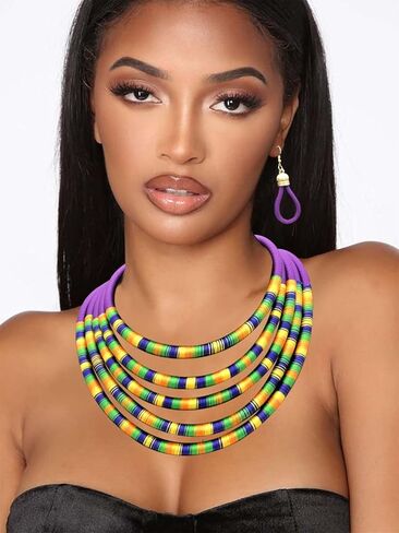 deladola الأفريقية قلادة طوق الأقراط مجموعة القبلية الطبقات المختنق متعدد الطبقات القلائد مكتنزة بيان مجوهرات اكسسوارات للنساء والفتيات in Kuwait