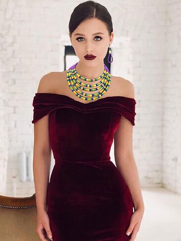 deladola الأفريقية قلادة طوق الأقراط مجموعة القبلية الطبقات المختنق متعدد الطبقات القلائد مكتنزة بيان مجوهرات اكسسوارات للنساء والفتيات in Kuwait