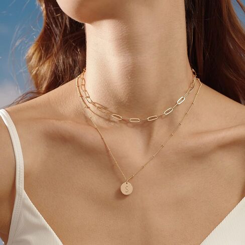 MEVECCO Gold Initial Necklaces For Women 18K Gold Plated Minimalist Double Layered Letter Necklace Personalized Paperclip Link Chain Chokers Dainty Jewelry Gift For Her in Kuwait