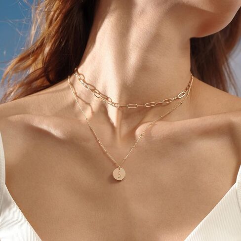 MEVECCO Gold Initial Necklaces For Women 18K Gold Plated Minimalist Double Layered Letter Necklace Personalized Paperclip Link Chain Chokers Dainty Jewelry Gift For Her in Kuwait