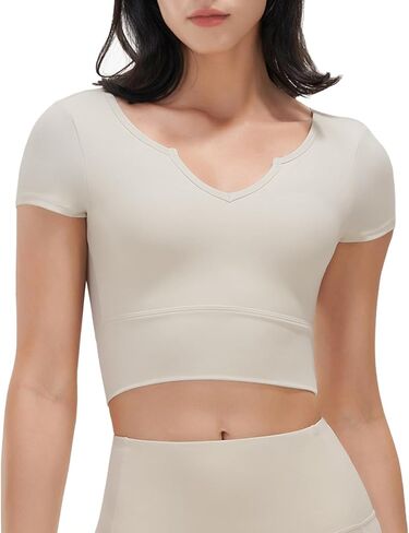 قمصان قصيرة مبطنة للتمرين للسيدات بدون خياطة بأكمام قصيرة وحمالة صدر رياضية لليوجا وياقة على شكل حرف V in Kuwait