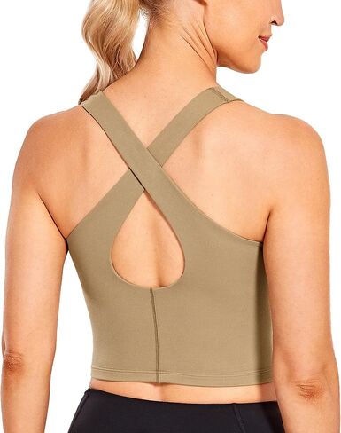 CRZ YOGA Women's High Neck Longline Cropped Sports Bra Strappy Cami Tank Tops Wirefree Padded Yoga Built-in Shelf Bra in Saudi Arabia