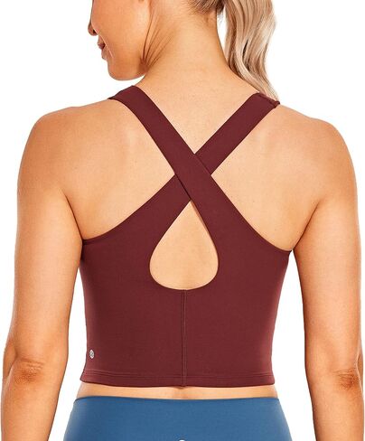 CRZ YOGA Women's High Neck Longline Cropped Sports Bra Strappy Cami Tank Tops Wirefree Padded Yoga Built-in Shelf Bra in Saudi Arabia