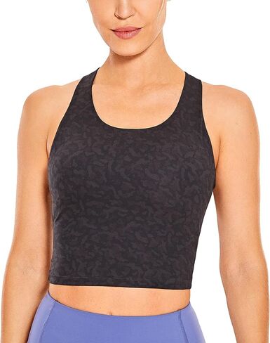 CRZ YOGA Women's High Neck Longline Cropped Sports Bra Strappy Cami Tank Tops Wirefree Padded Yoga Built-in Shelf Bra in Saudi Arabia
