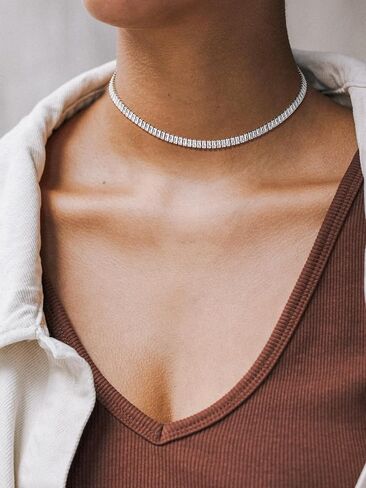 Richsteel Tennis Necklaces for Women Silver Choker with 2 * 4mm White/Black Cubic Zirconia Jewelry Gifts 14/16/18 Inch Chains in Saudi Arabia