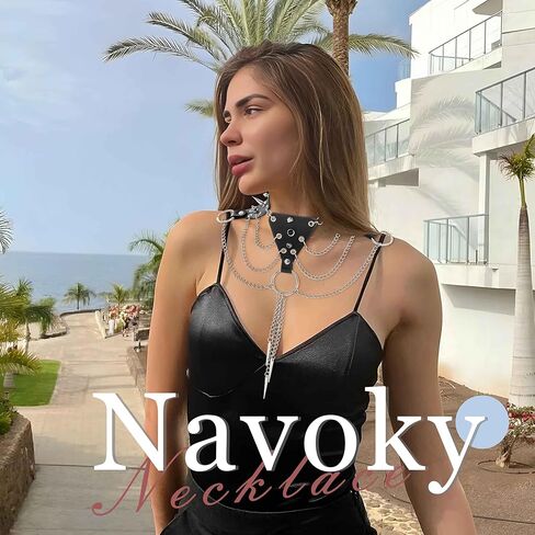 Navoky الشرير الجلود رصع المختنق القوطية المعادن برشام قلادة مسنبل الطبقات شرابة سلسلة الملحقات اليومية ملهى ليلي هالوين للنساء والفتيات in Kuwait