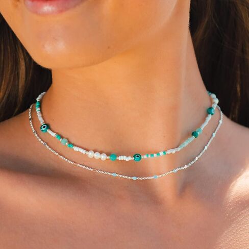 قلادة على شكل عين الشر من لوتس ولونا مع اللؤلؤ والكوارتز للنساء هدية مجوهرات بوهو مطرزة بعين الشر (حماية) in Kuwait