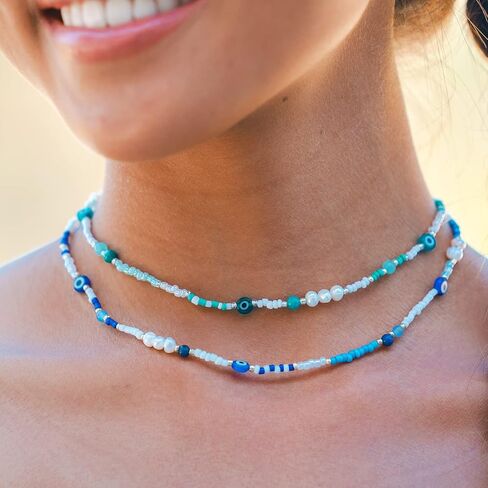 قلادة على شكل عين الشر من لوتس ولونا مع اللؤلؤ والكوارتز للنساء هدية مجوهرات بوهو مطرزة بعين الشر (حماية) in Kuwait