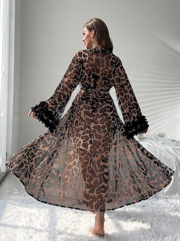 WDIRARA Women's Leopard Print Sheer Robe Belted Long Sleeve Long Lingerie Robe Kimono in Saudi Arabia