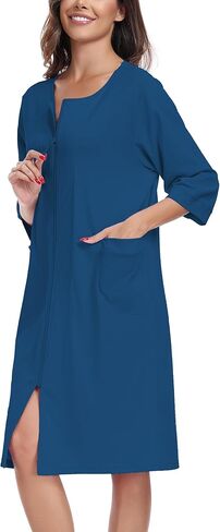 أردية حمام نسائية بطول الركبة 100% قطن للنساء، معاطف منزلية ناعمة وخفيفة الوزن، أرواب بسحاب مع جيوب (أزرق، L) in Kuwait