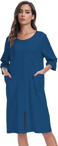 أردية حمام نسائية بطول الركبة 100% قطن للنساء، معاطف منزلية ناعمة وخفيفة الوزن، أرواب بسحاب مع جيوب (أزرق، L) in Kuwait