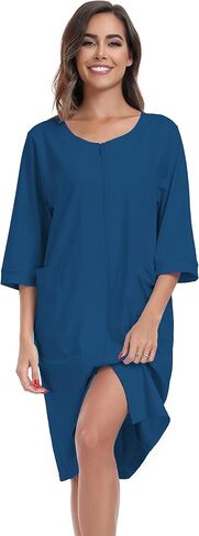 أردية حمام نسائية بطول الركبة 100% قطن للنساء، معاطف منزلية ناعمة وخفيفة الوزن، أرواب بسحاب مع جيوب (أزرق، L) in Kuwait