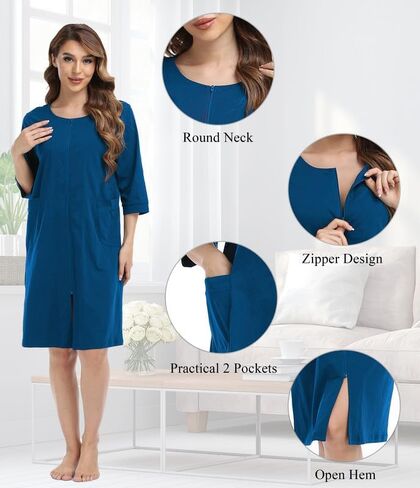 أردية حمام نسائية بطول الركبة 100% قطن للنساء، معاطف منزلية ناعمة وخفيفة الوزن، أرواب بسحاب مع جيوب (أزرق، L) in Kuwait