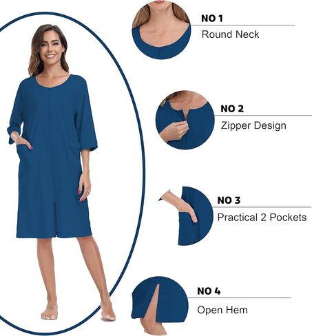 أردية حمام نسائية بطول الركبة 100% قطن للنساء، معاطف منزلية ناعمة وخفيفة الوزن، أرواب بسحاب مع جيوب (أزرق، L) in Kuwait