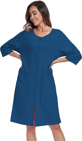 أردية حمام نسائية بطول الركبة 100% قطن للنساء، معاطف منزلية ناعمة وخفيفة الوزن، أرواب بسحاب مع جيوب (أزرق، L) in Kuwait