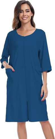 أردية حمام نسائية بطول الركبة 100% قطن للنساء، معاطف منزلية ناعمة وخفيفة الوزن، أرواب بسحاب مع جيوب (أزرق، L) in Kuwait