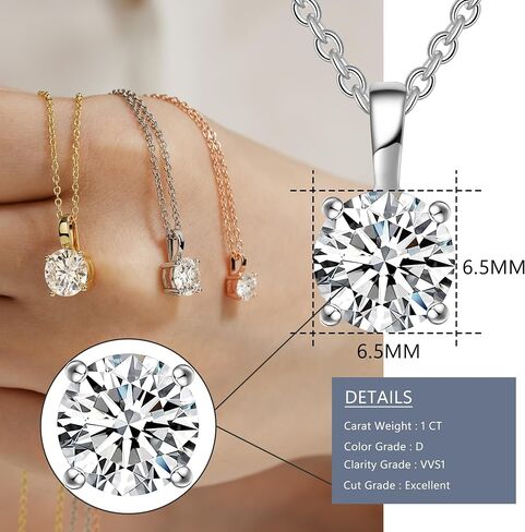 925 Sterling Silver Necklace for Women, 1ct 6.5mm D Colorless Moissanite Necklace Round Brilliant Cut Solitaire Pendant Necklace Gold Plated Classic 4 Prong 18 Inch Chain Necklace in Kuwait