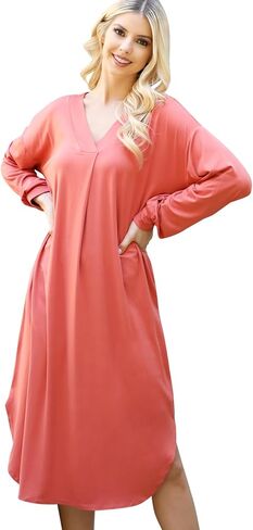 RIAH FASHION Comfy Long Sleeve Dress - Women's Casual Pocket Maternity Dresses, Hacci, French Terry in Saudi Arabia