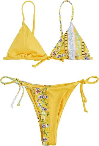 GORGLITTER Women's High Cut Thong Swimsuit Colorblock Triangle Top Bikini Set Bathing Suitt in Saudi Arabia