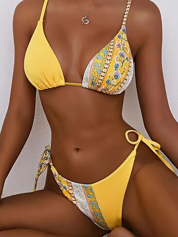 GORGLITTER Women's High Cut Thong Swimsuit Colorblock Triangle Top Bikini Set Bathing Suitt in Saudi Arabia