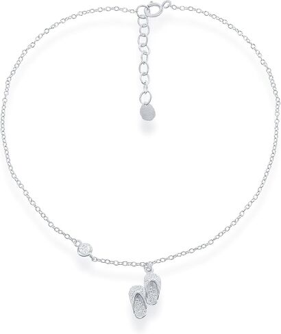 Beaux Bijoux Sterling Silver Italian Diamond-Cut Flip Flop, Foot Print, Sanddollar, Turtle, Palm tree, Starfish w/Zirconia 9+1" Anklet Bracelet in Saudi Arabia